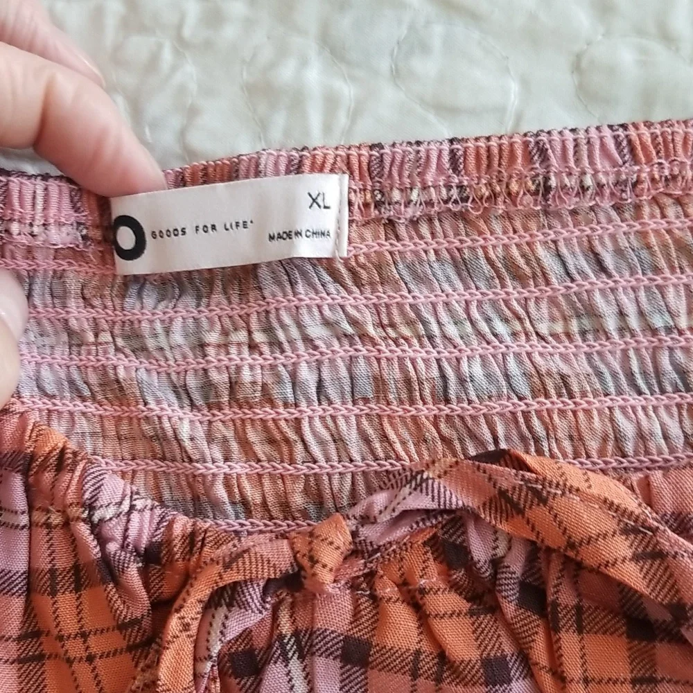 DONATED Plaid Puff Sleeve Top Pink Orange NWT - Picture 3 of 5